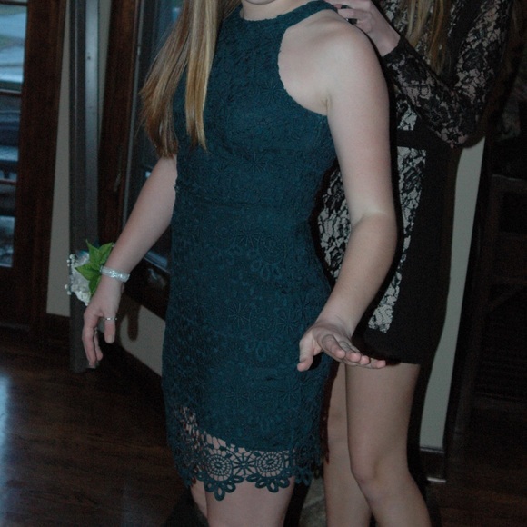 Hollister Dresses & Skirts - Hollister Teal High Neck Lace Bodycon Dress